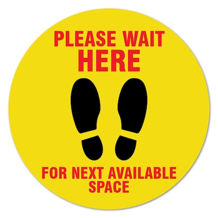 Please Wait Here Yellow Non-Slip Floor Graphic, 11in Vinyl Decal, 6PK